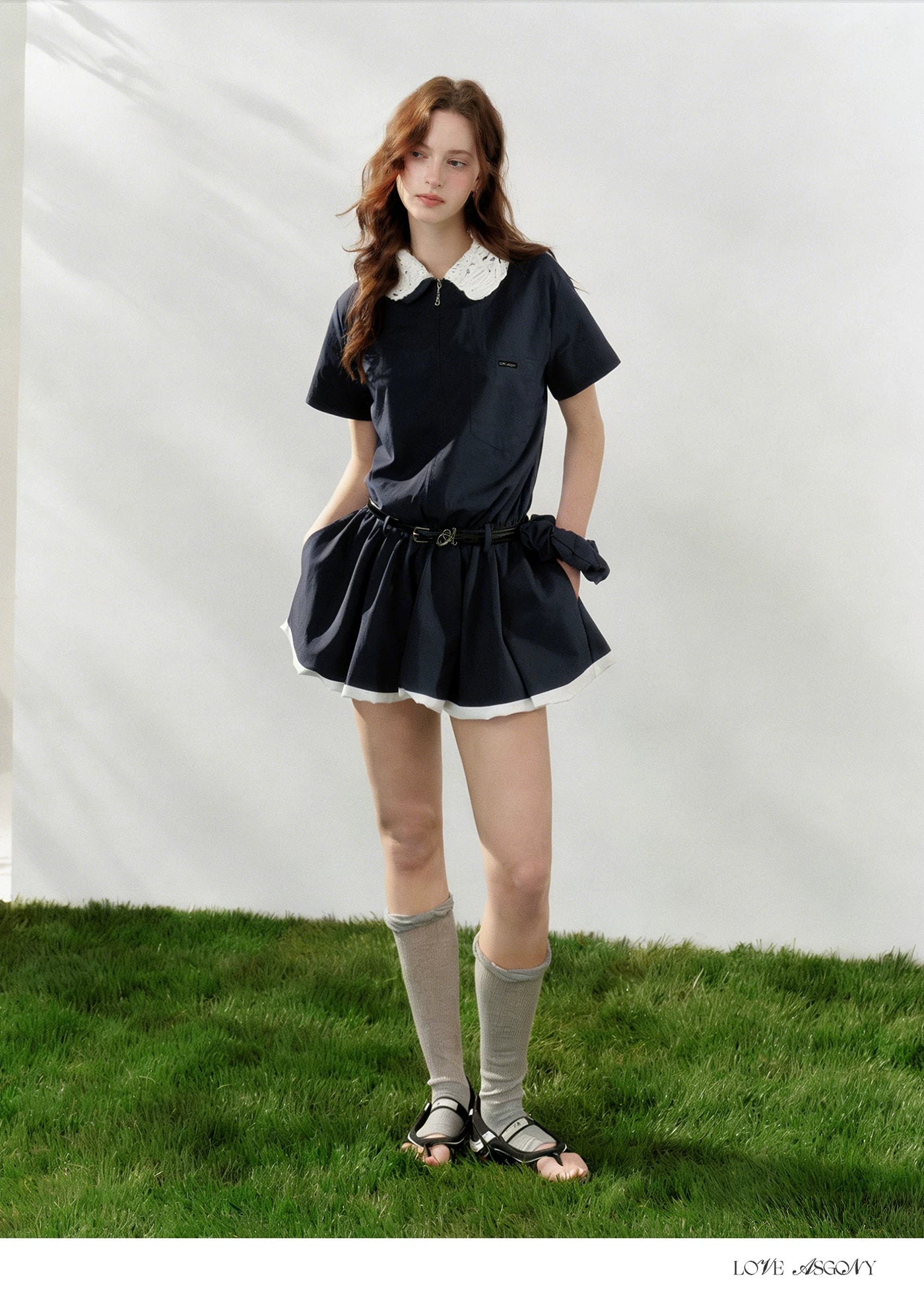 Lace Collar Half-Zip Waist Dress