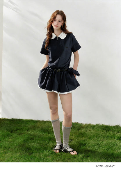Lace Collar Half-Zip Waist Dress