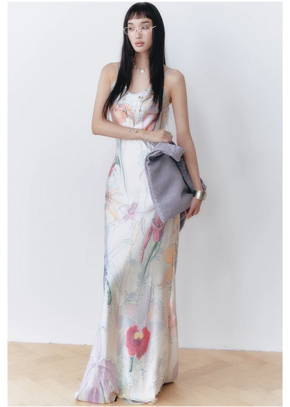 Botanical Print Bias-Cut Camisole Long Dress