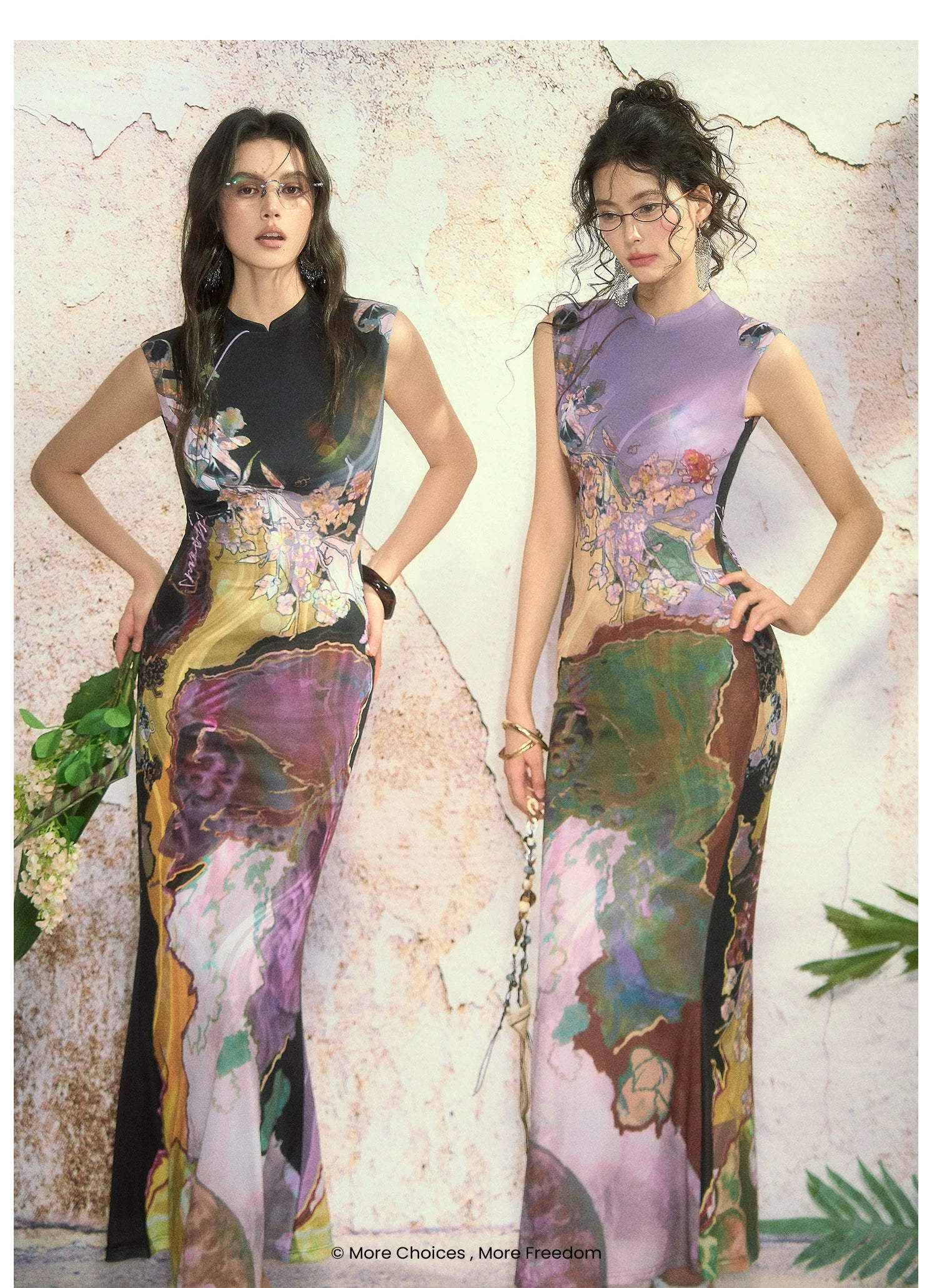 Tri-color Reversible Printed Qipao Dress