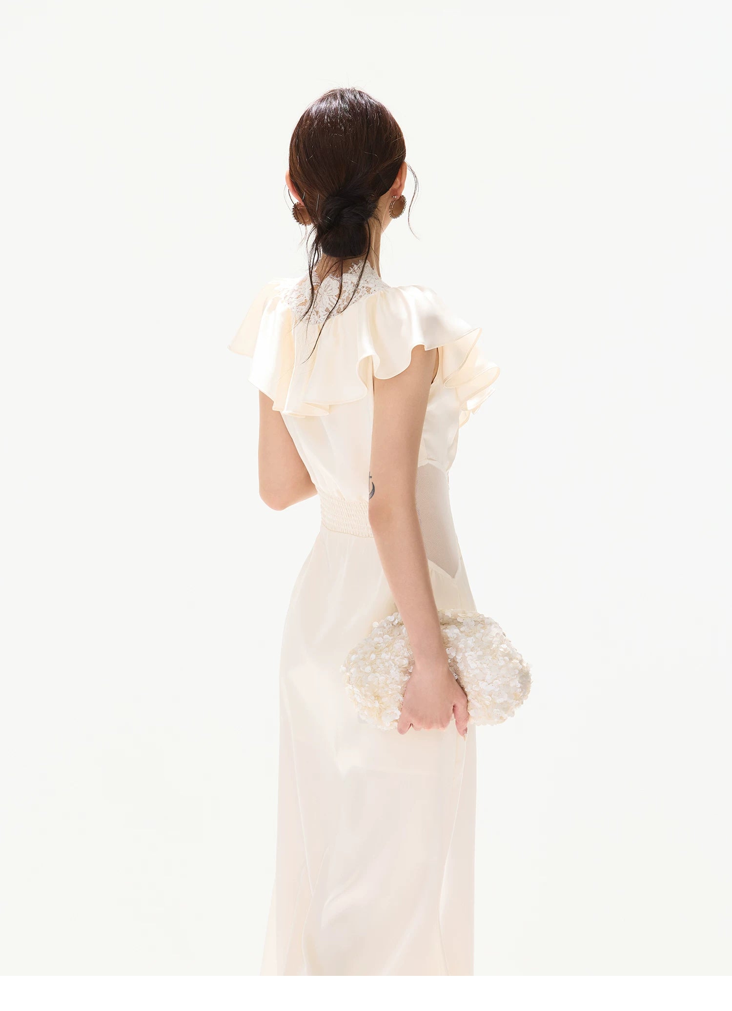 Lace V-Neck Ruffled Waist-Detail Midi Dress