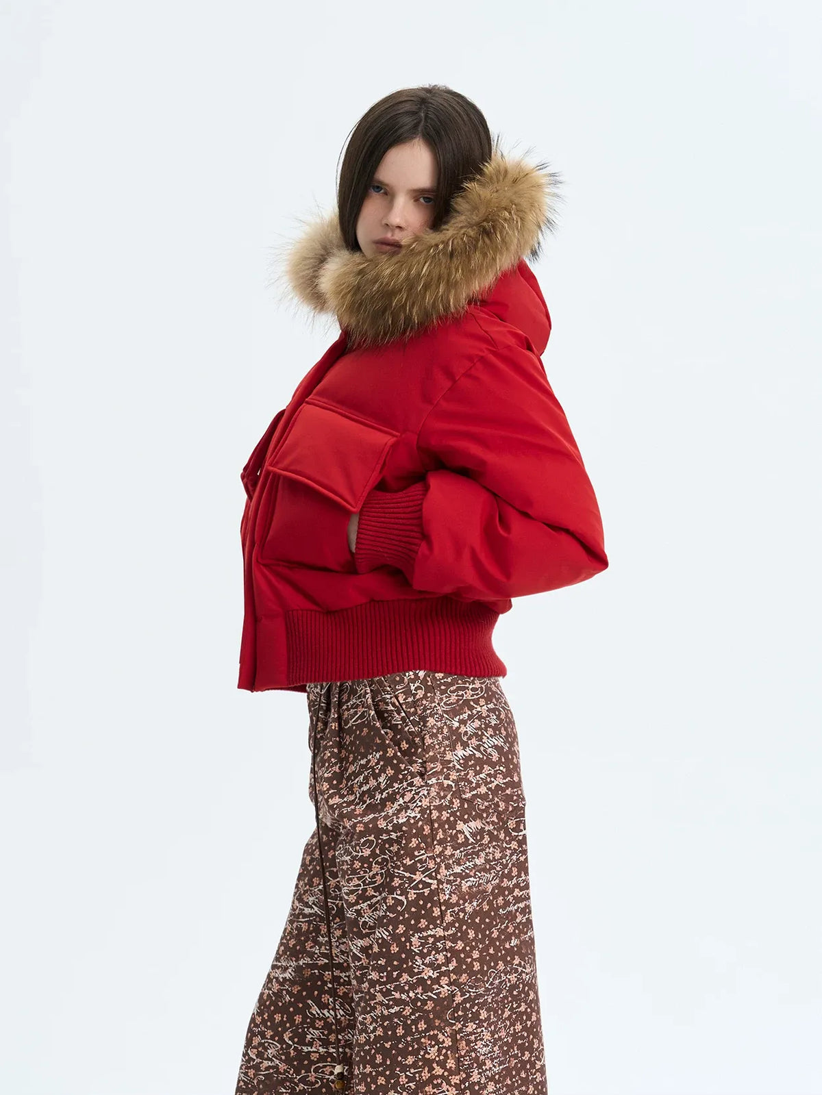 Printed Cropped Hooded Down Jacket