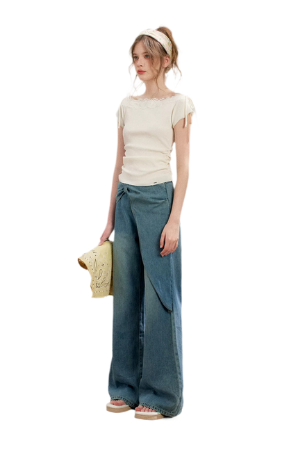 Lace Trim Off-Shoulder Knit Top &amp; Denim Pants