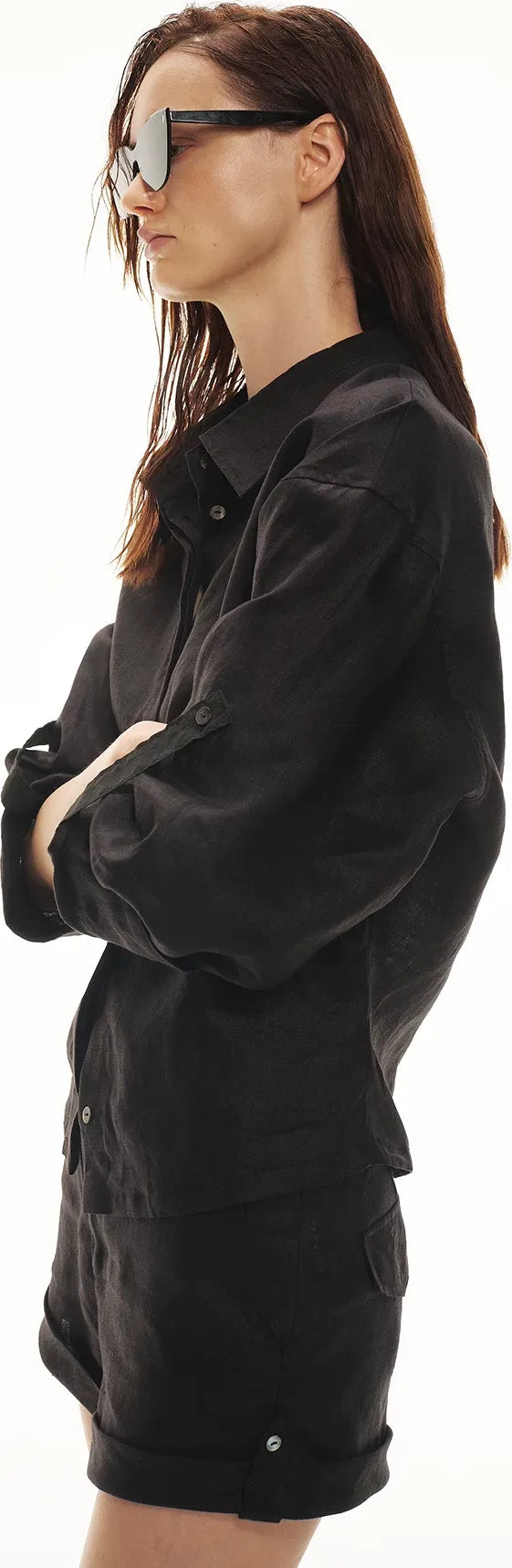 Linen Waist-Defined Shirt &amp; Low-Rise Rolled Shorts Set