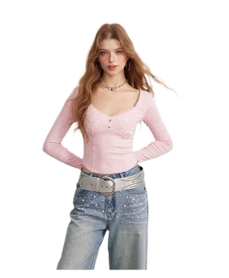 Lace Panel Cropped Long-Sleeve Top