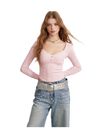 Lace Panel Cropped Long-Sleeve Top