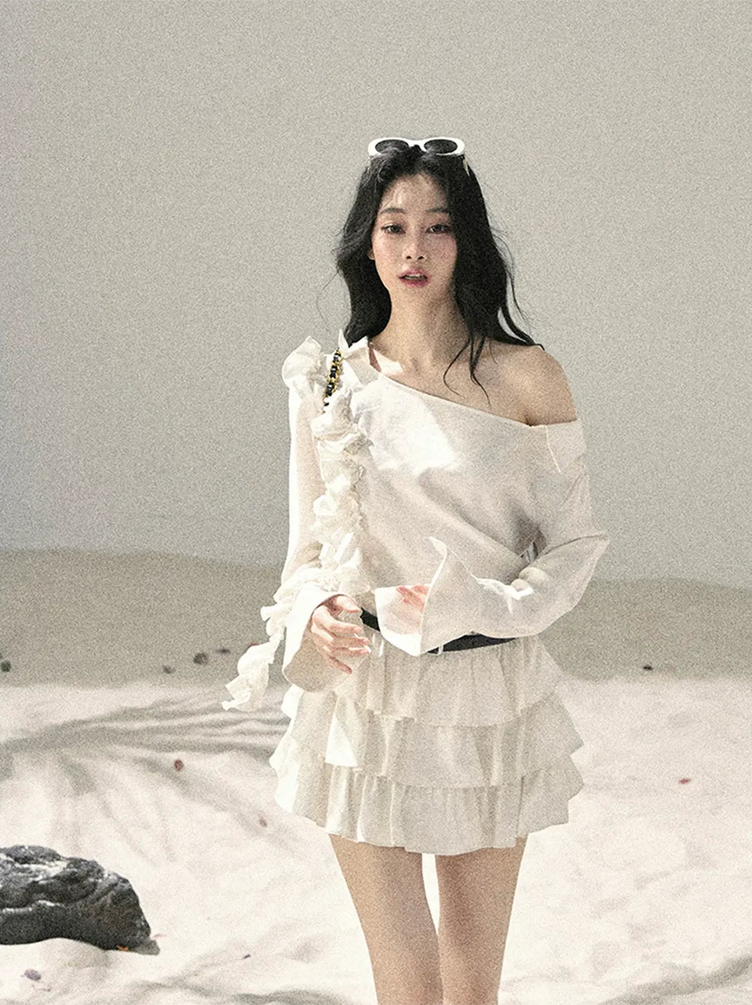 Linen Ruffle One-Shoulder Dress