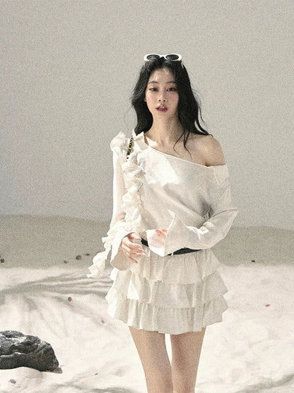 Linen Ruffle One-Shoulder Dress