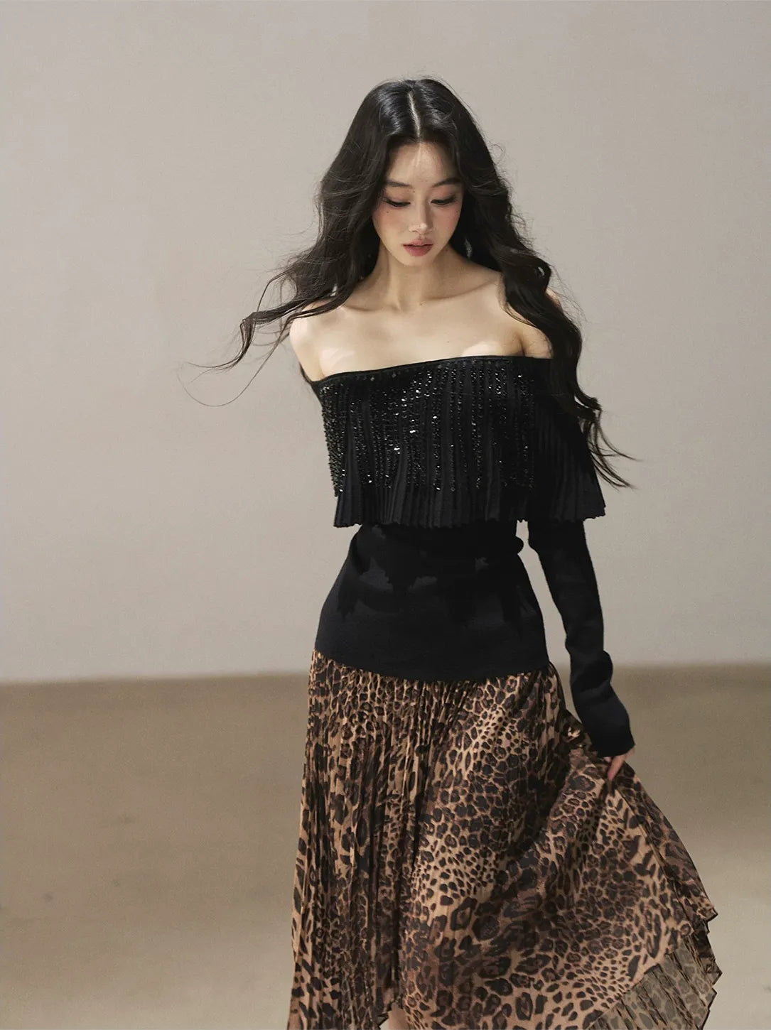 Pleated One-Shoulder Long-Sleeve Top