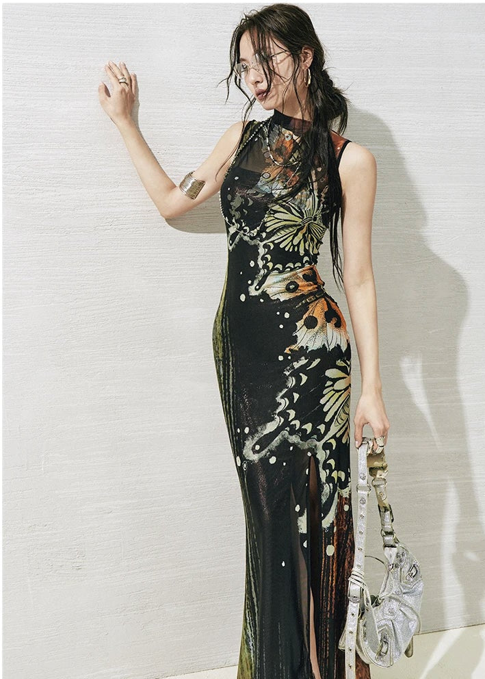 Hand-Painted Butterfly Print Two-Piece Dress Set