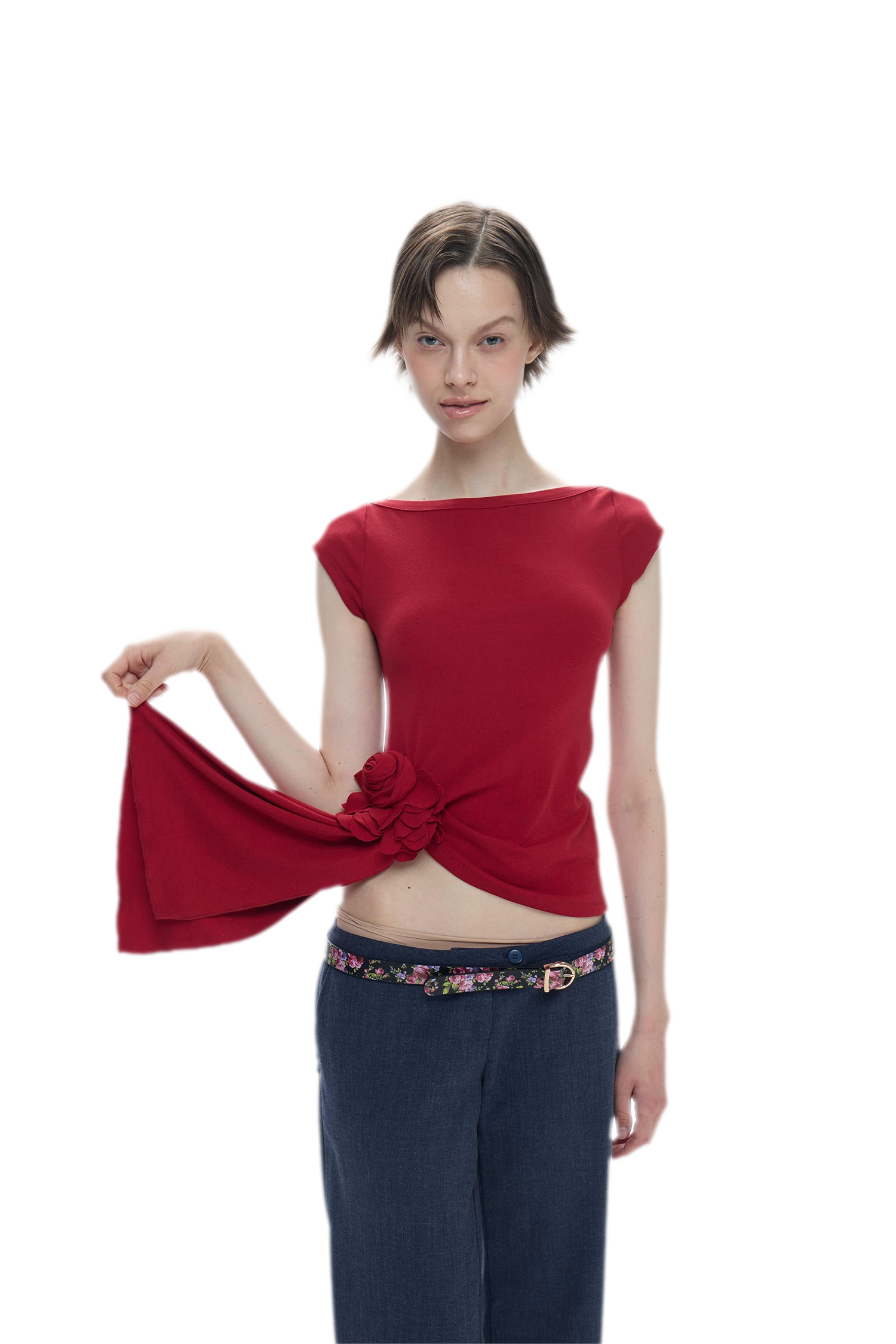 Asymmetric Flower Short Sleeve Top