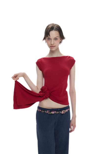 Asymmetric Flower Short Sleeve Top