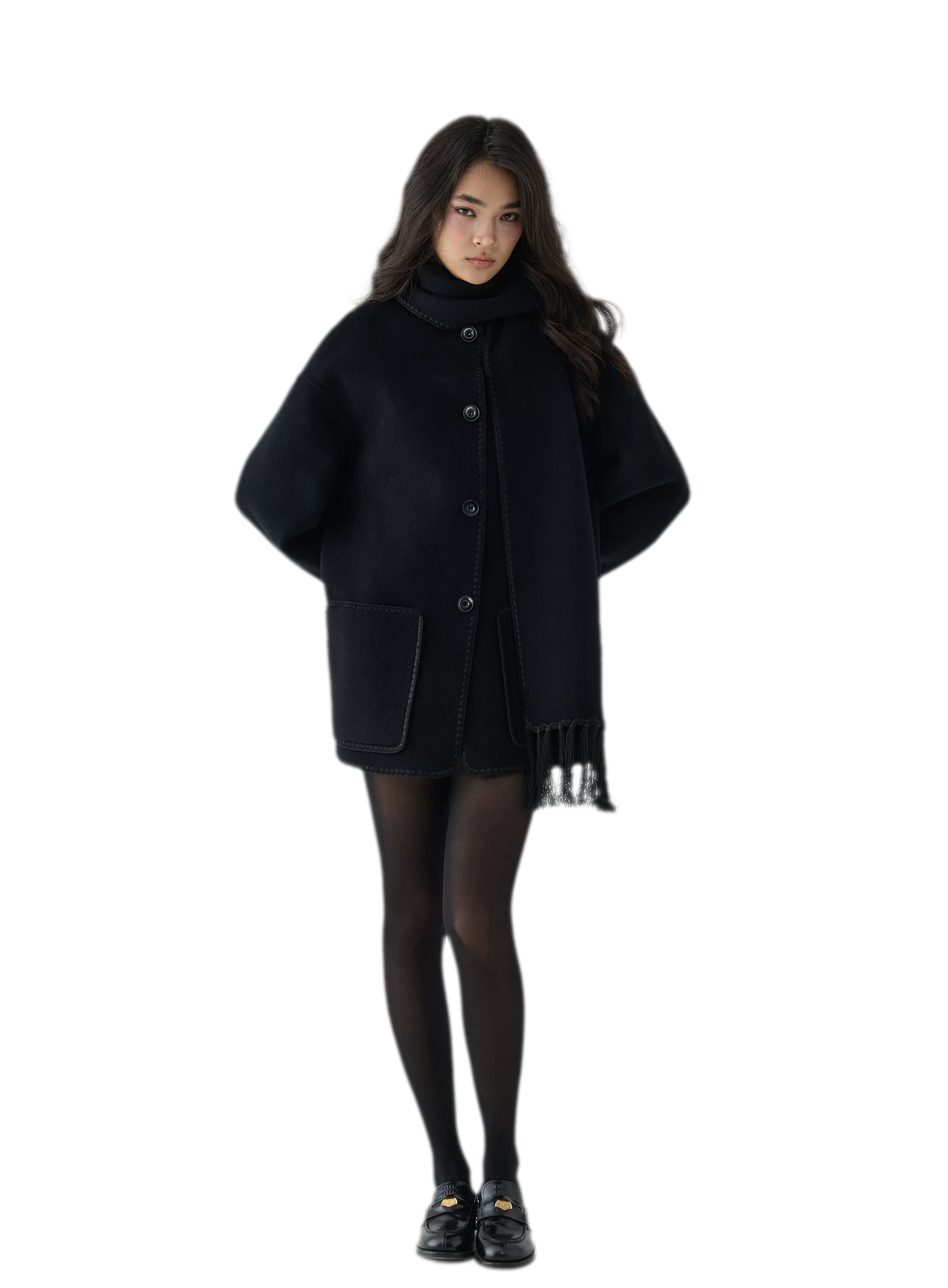 Double-Faced Wool Fringe Cape Coat