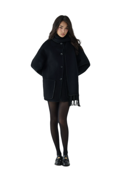 Double-Faced Wool Fringe Cape Coat