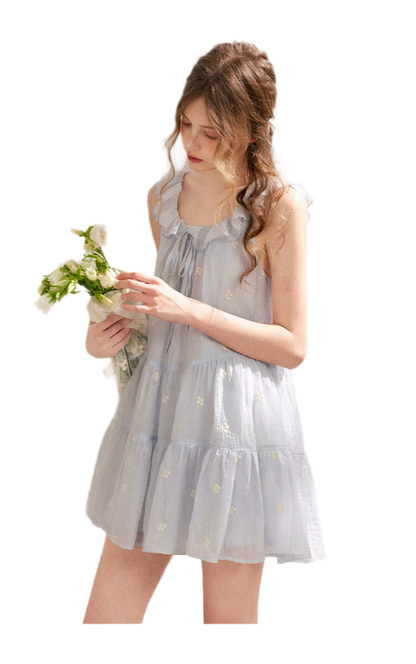 Tencel Embroidered Ruffle A-line Dress