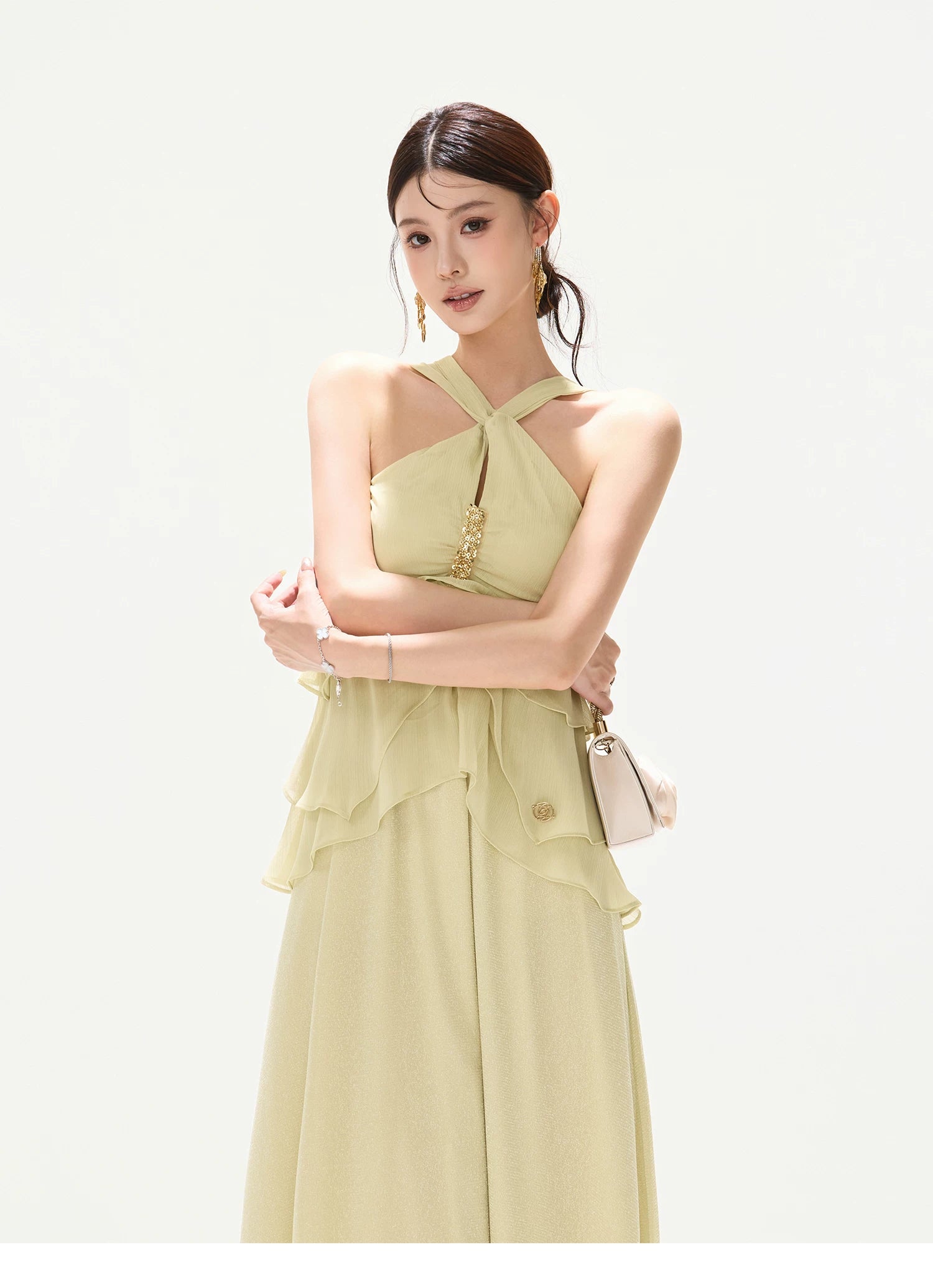 Flowing Sheer Halter Rhinestone Chiffon Long Dress