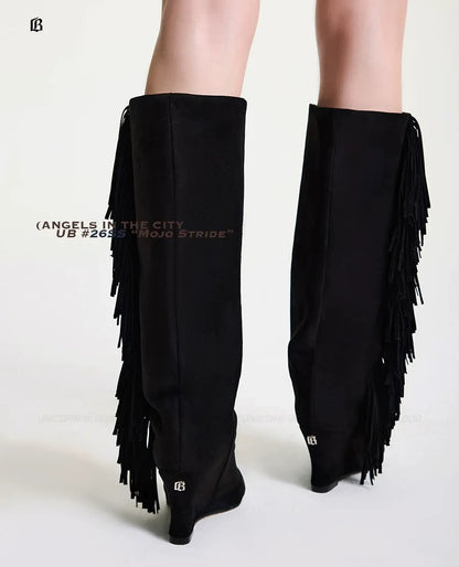 Suede Fringe Wedge Boots
