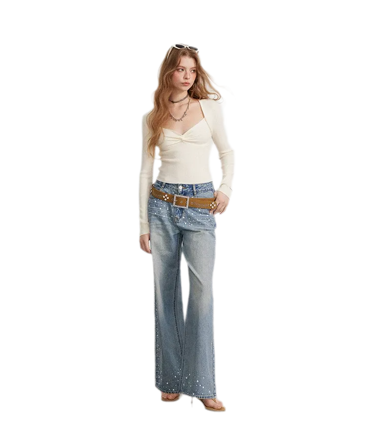 Rhinestone Pearl Wide-Leg Jeans