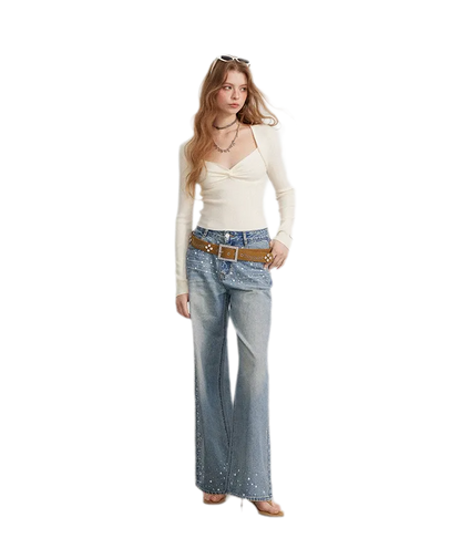 Rhinestone Pearl Wide-Leg Jeans