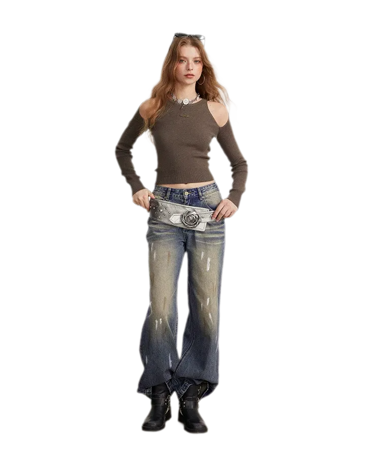 Washed Paint-Splatter Wide-Leg Jeans