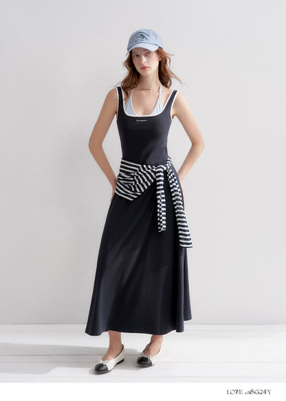 Contrast Color U-Neck Halter Knit Long Dress