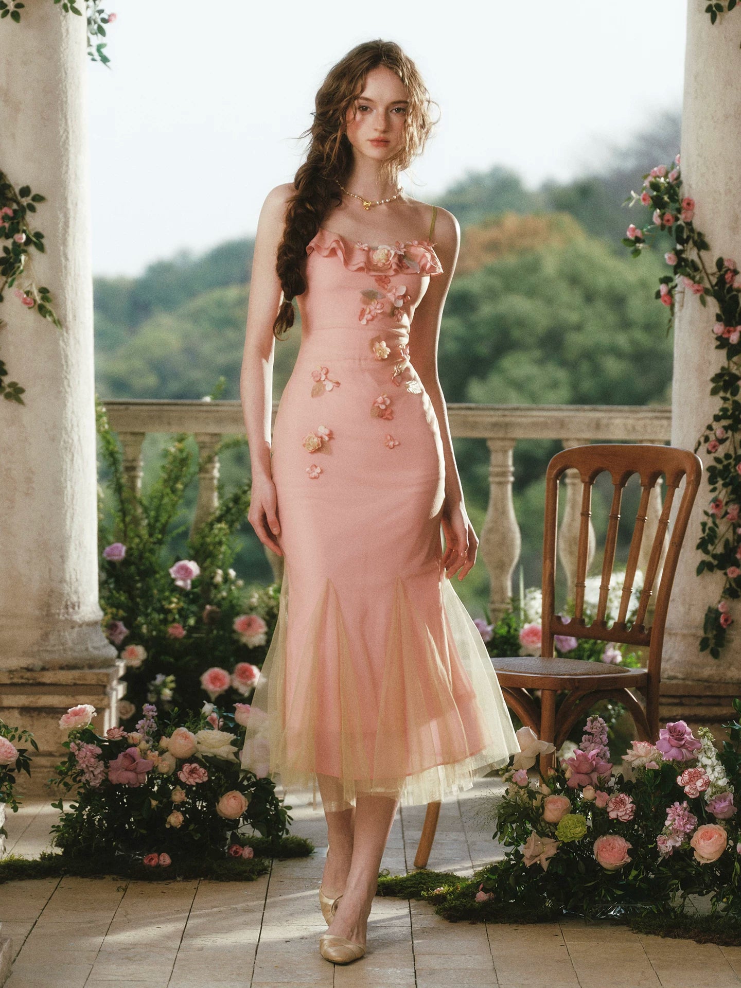 Floral Mesh Mermaid Midi Dress
