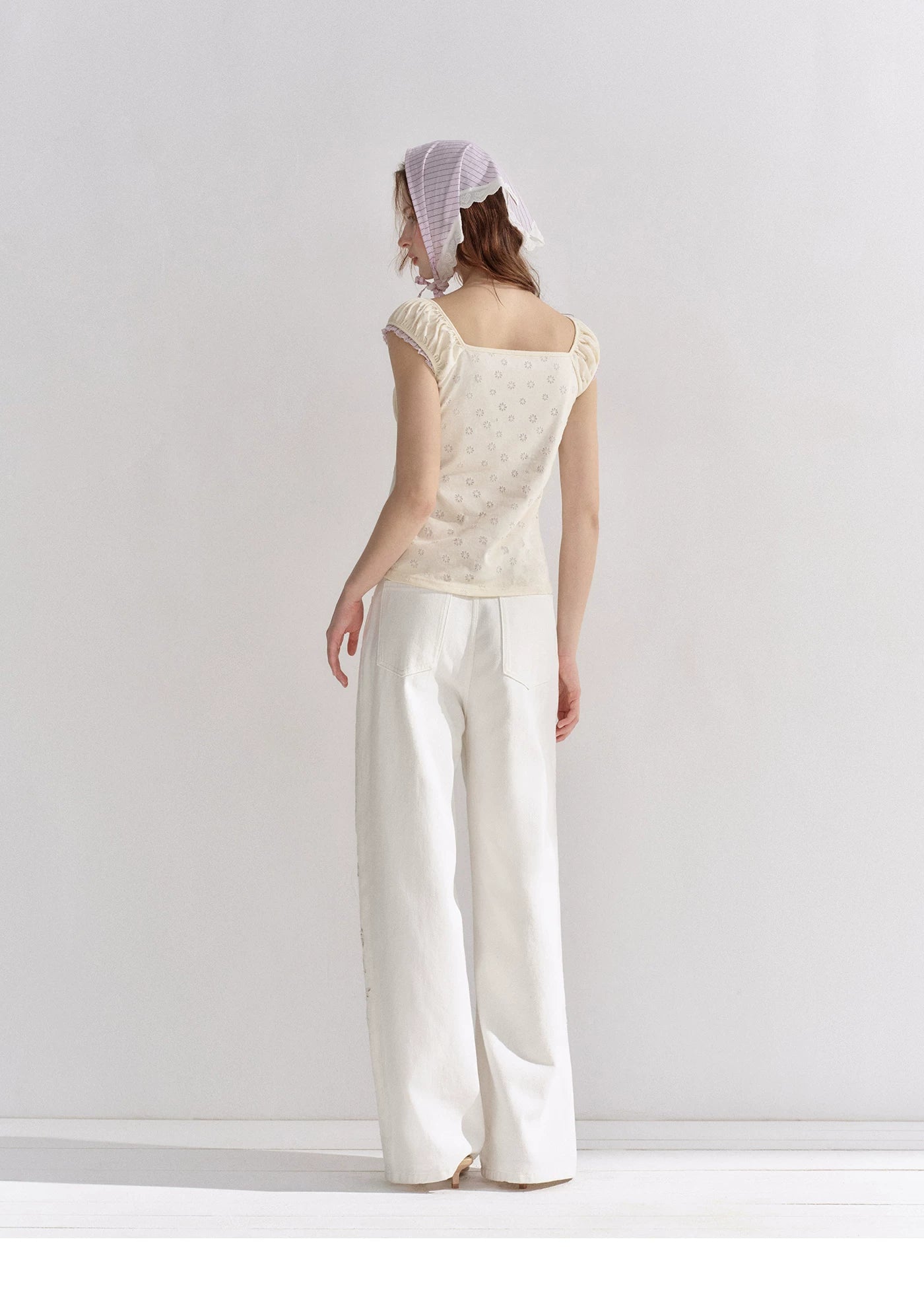 Two-Layer Floral Cutout Contrast Tie-Front Blouse
