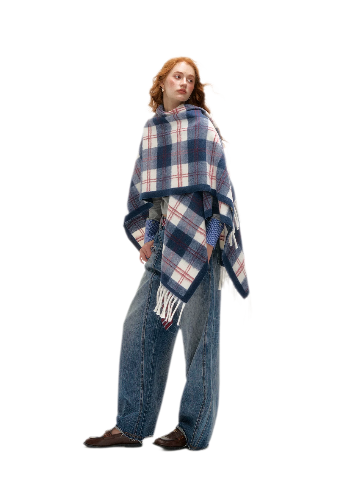 Vintage Plaid Fringed Shawl