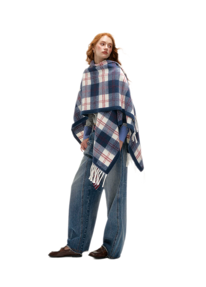 Vintage Plaid Fringed Shawl