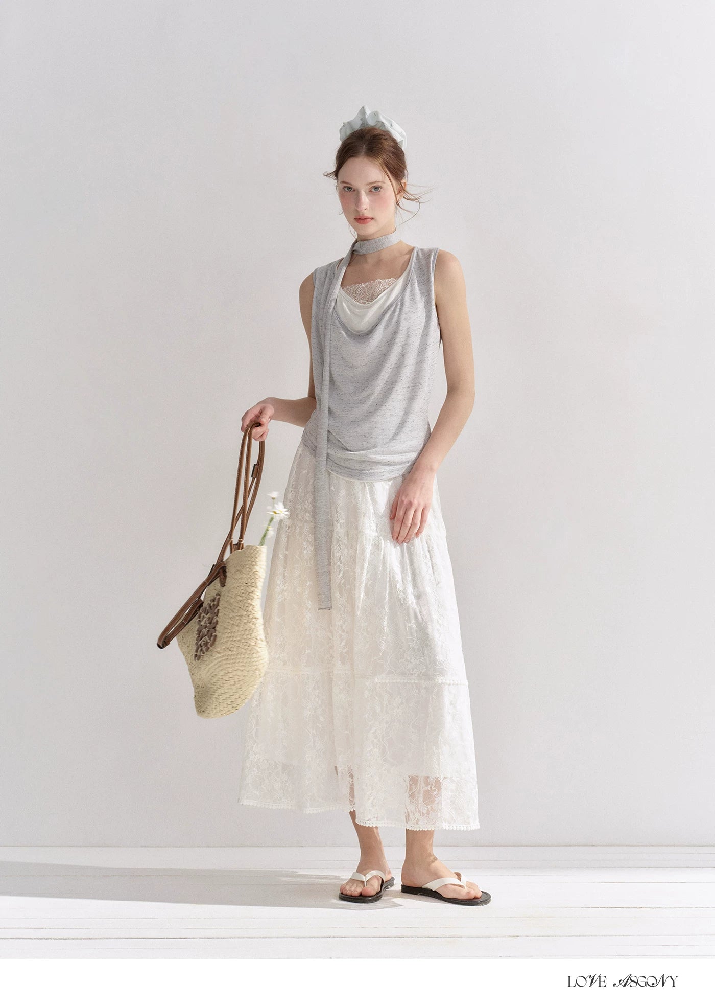 Lace Trim Elastic Waist A-line Long Skirt