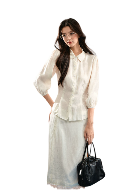 Linen Bubble Sleeve Top Skirt