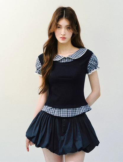 Navy Petal Pleated Skirt