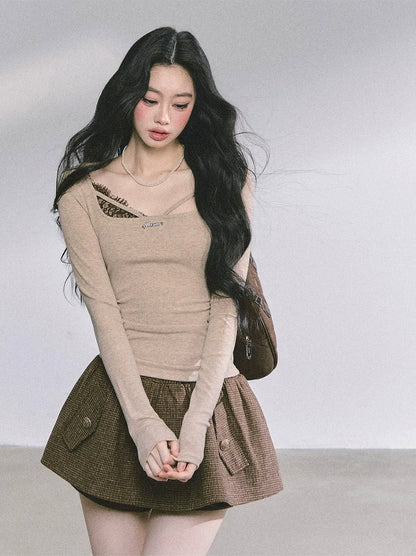 Lace Panel Fitted Long-Sleeve Top