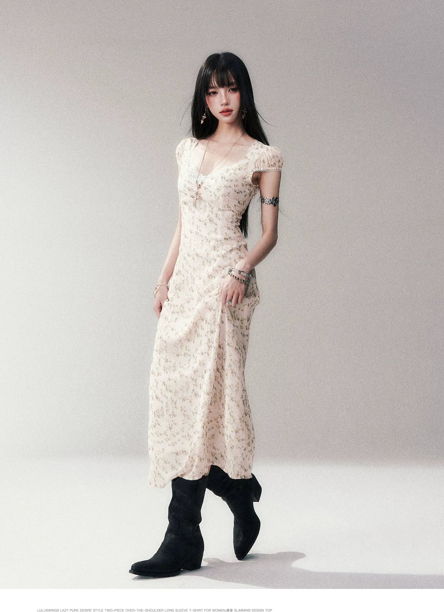 Lace V-Neck Long Dress