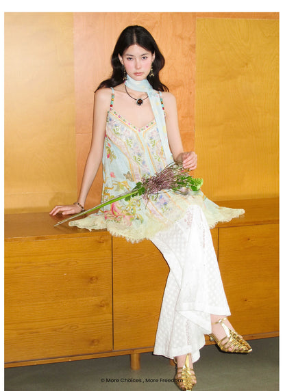Peach Branch Print Metallic Chiffon Dress