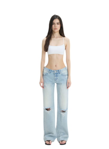 Washed Distressed Straight-Leg Jeans