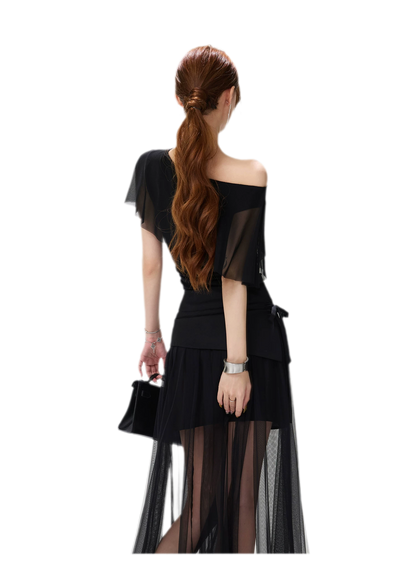 Sheer Ruffle One-Shoulder Top