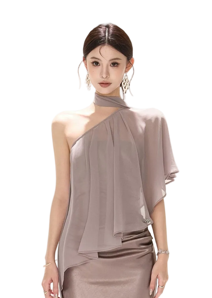 Elegant Asymmetric Chiffon Shawl Top with Built-in Bustier