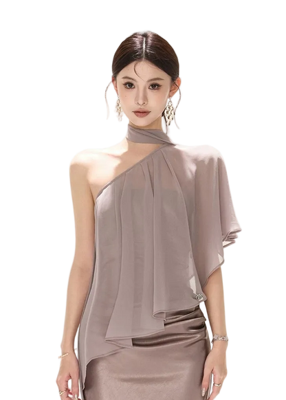 Elegant Asymmetric Chiffon Shawl Top with Built-in Bustier