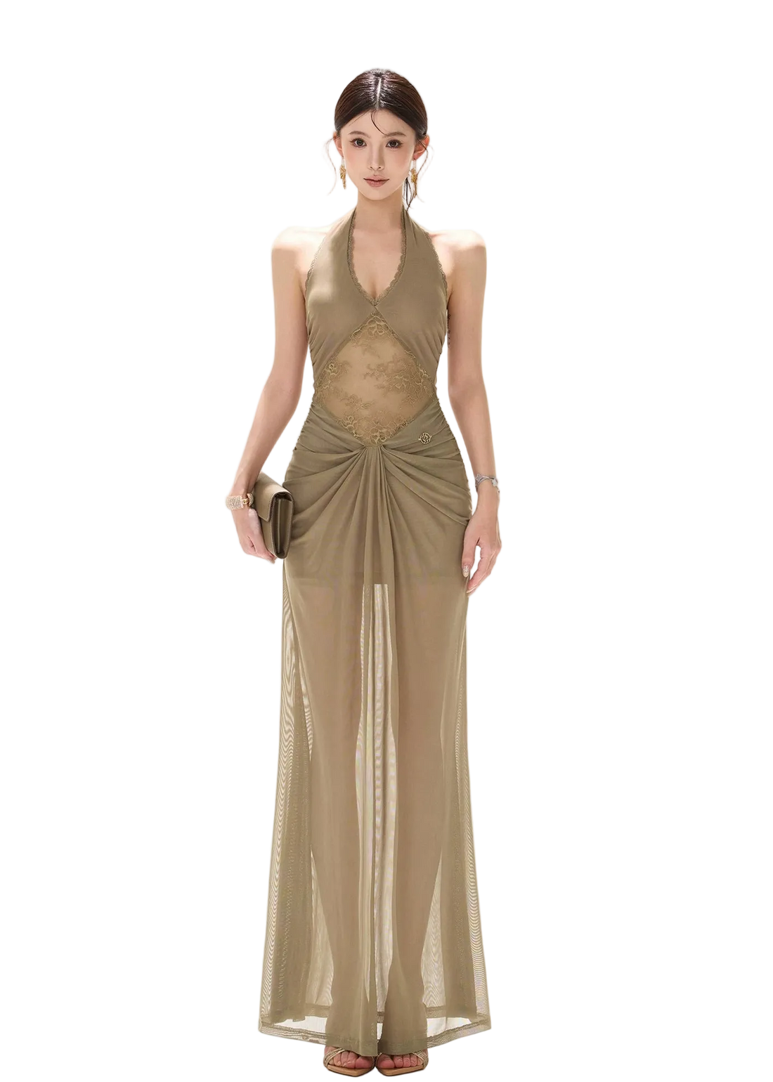 Deep V Neck Halter Lace Mesh Long Dress