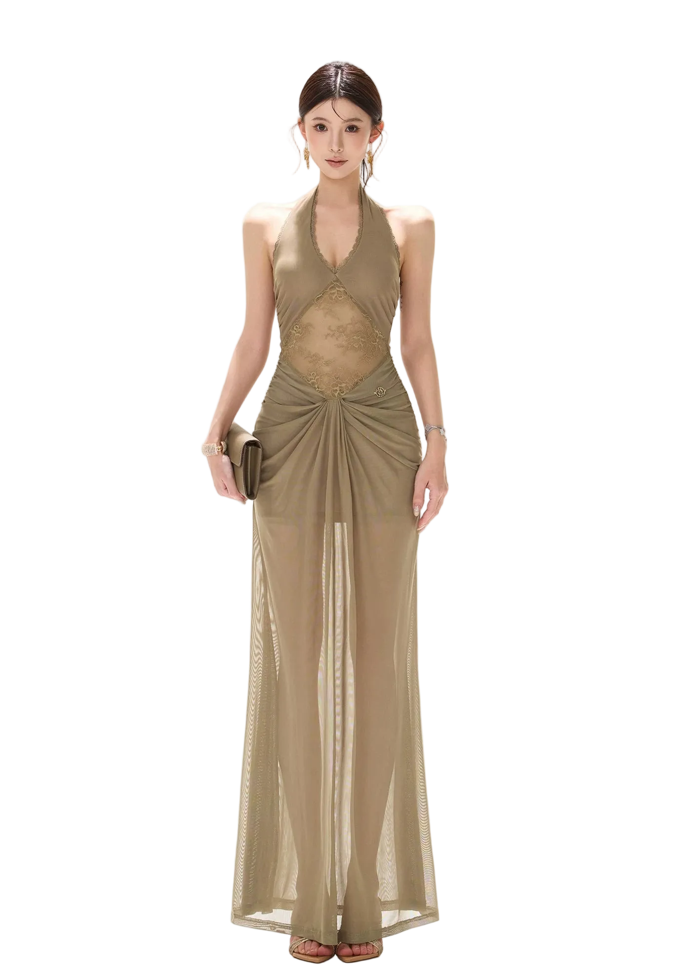 Deep V Neck Halter Lace Mesh Long Dress