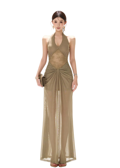 Deep V Neck Halter Lace Mesh Long Dress