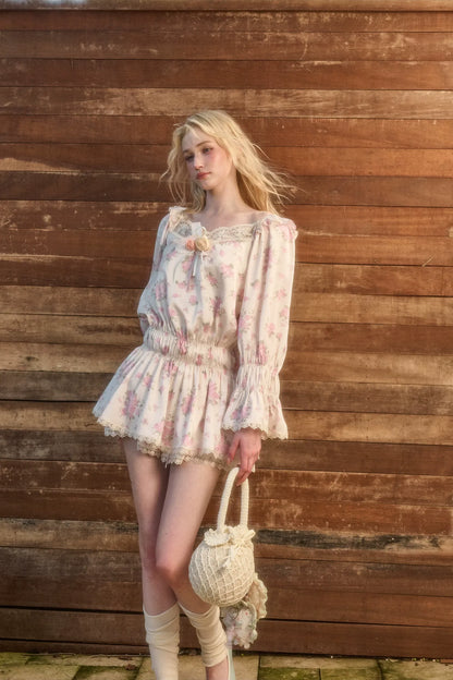 Floral Lace Puff-Sleeve Dress Set