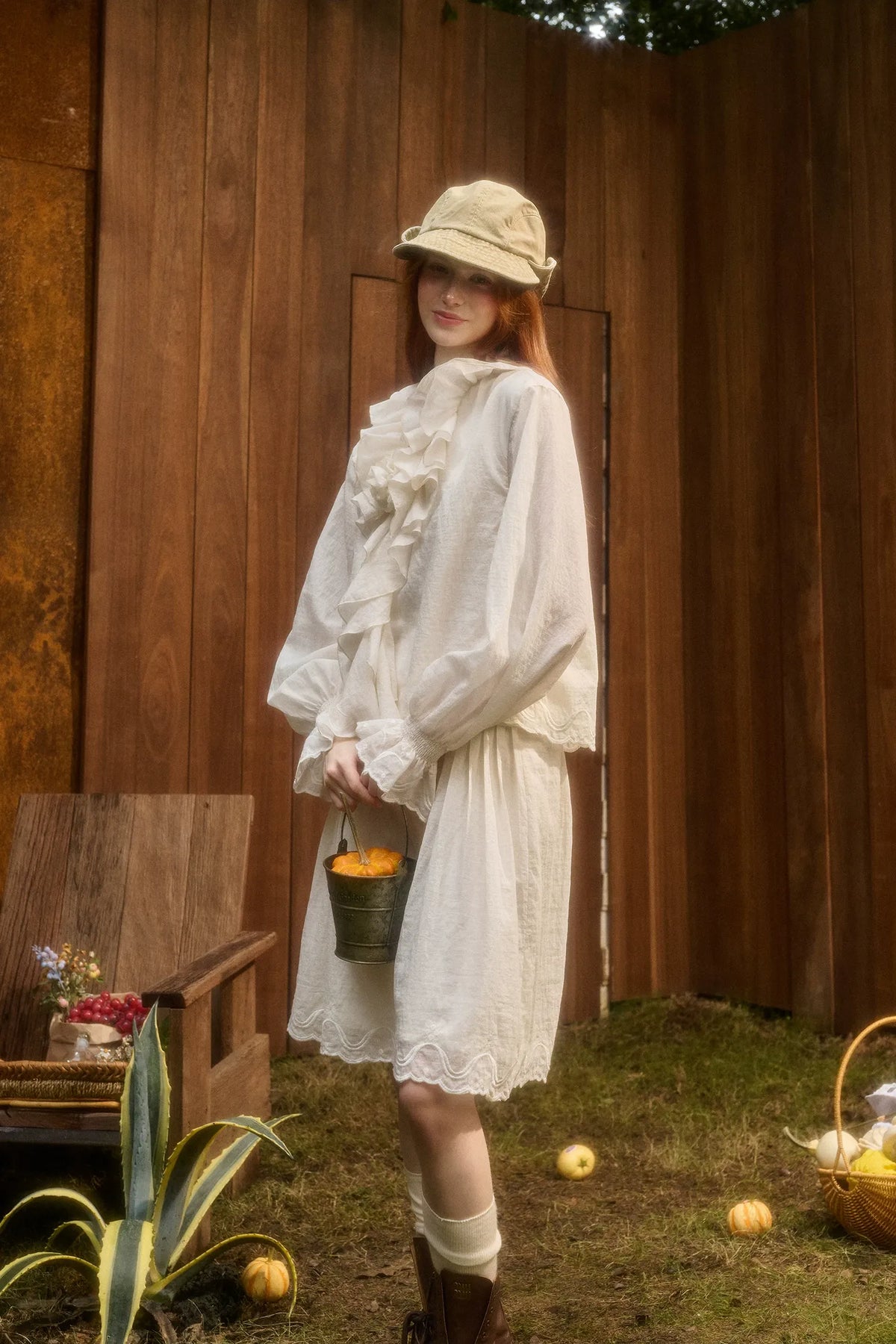 Embroidered Ruffle Blouse Skirt Set