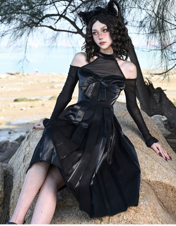 Glossy Halter Pleated Midi Dress