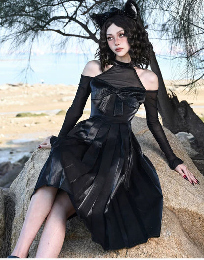 Glossy Halter Pleated Midi Dress