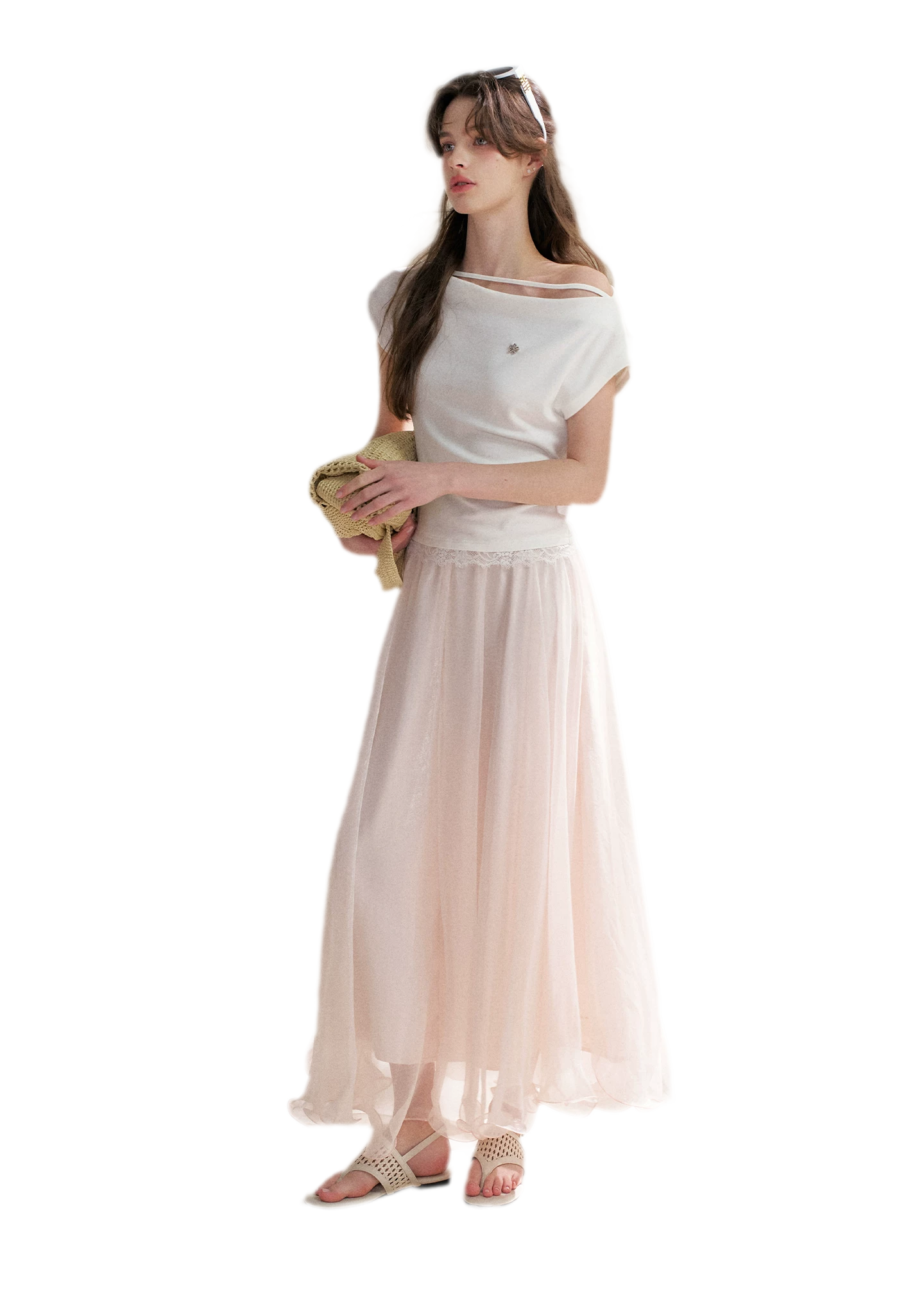 Lace Trim Asymmetric Short Sleeve T-Shirt