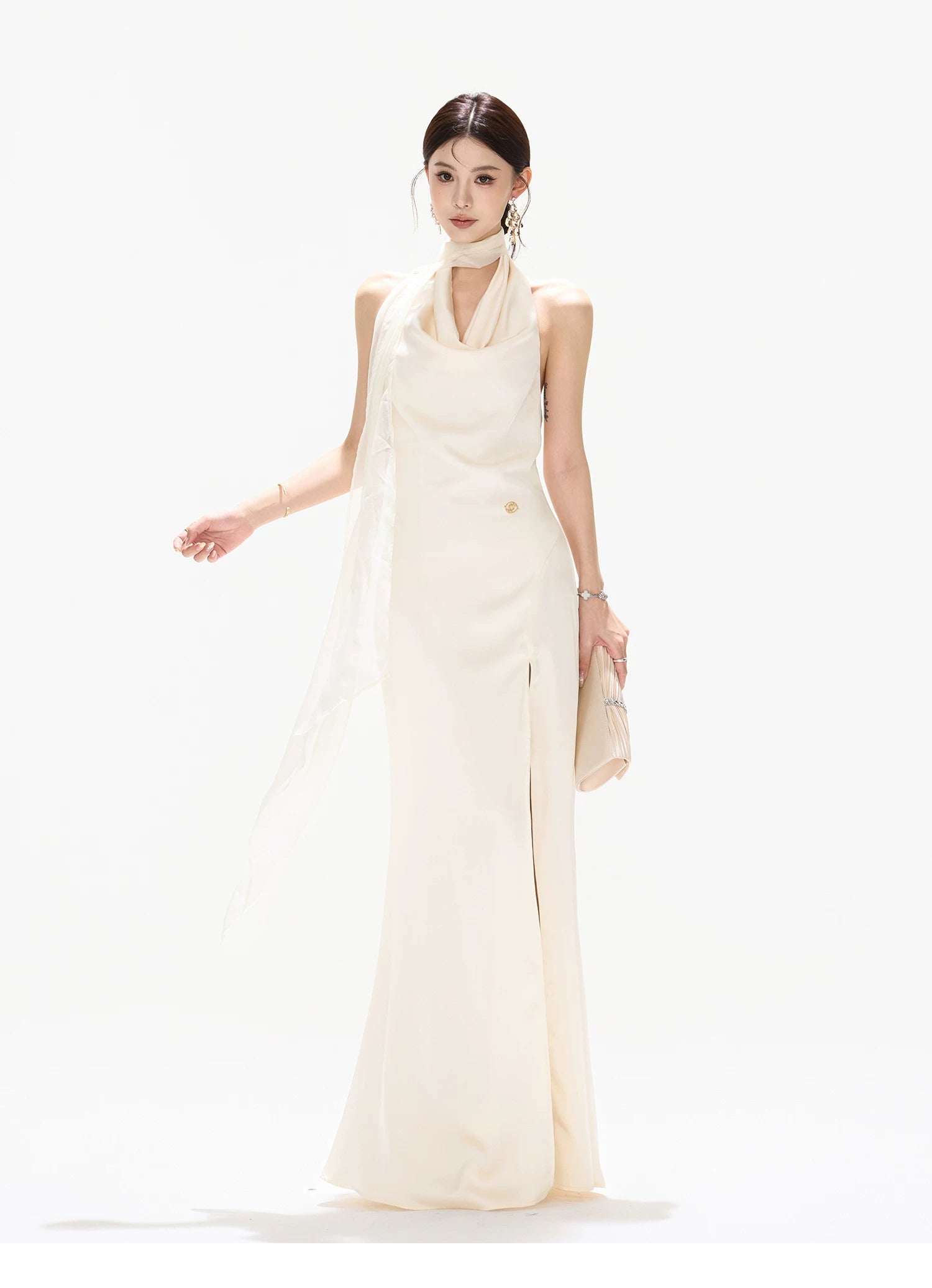 French Style One-Shoulder Backless Halter Long Dress