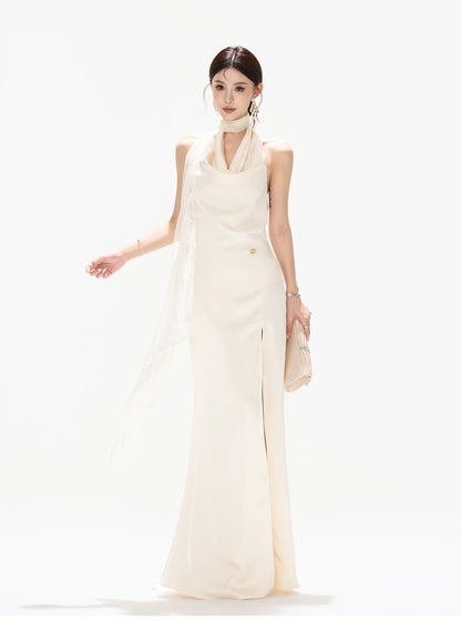 French Style One-Shoulder Backless Halter Long Dress