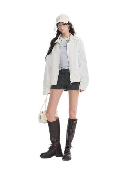Ruffled Stand Collar Harrington Jacket